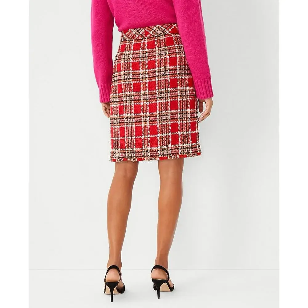 Ann Taylor Plaid Fringe Tweed Skirt Classic Red 578511 Sz 4 Top Of Knee NWOT - Picture 15 of 16